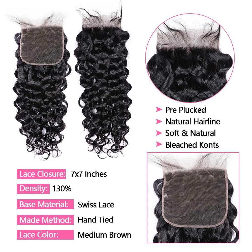 Sdamey Brazilian Water Wave Human Hair 7X7 Lace Closure