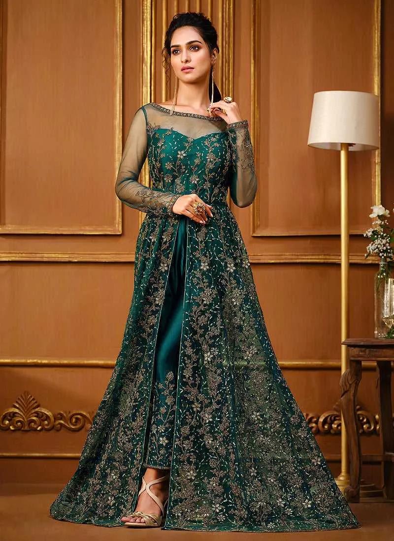 Sea Green Heavy Embroidered High Slit Style Designer Suit