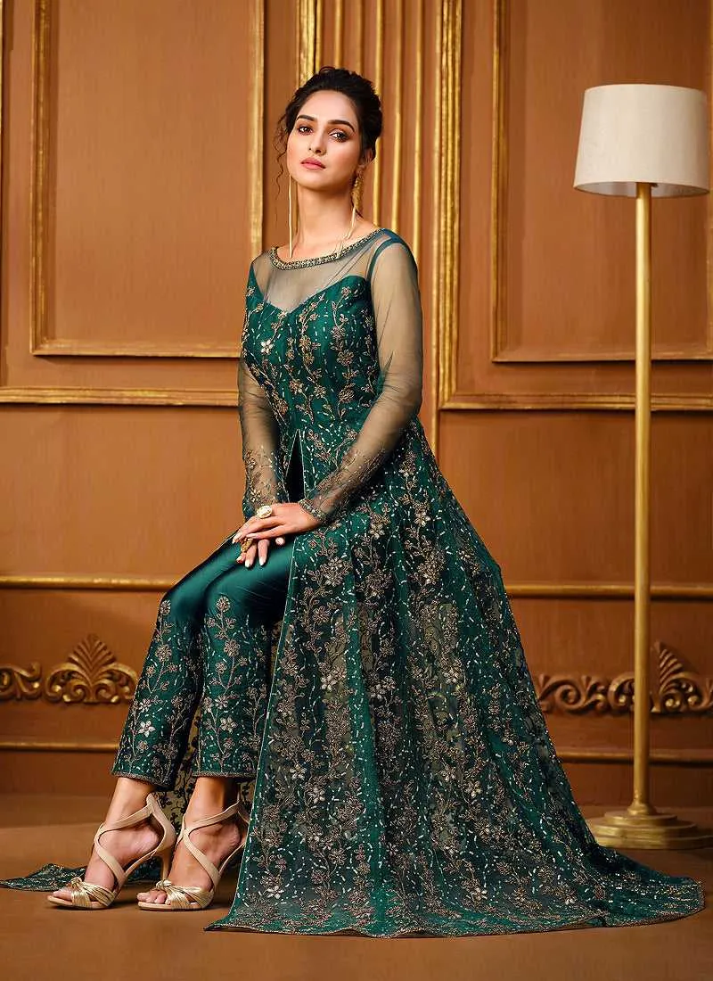 Sea Green Heavy Embroidered High Slit Style Designer Suit