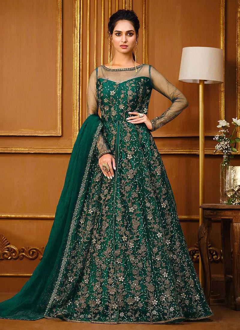 Sea Green Heavy Embroidered High Slit Style Designer Suit