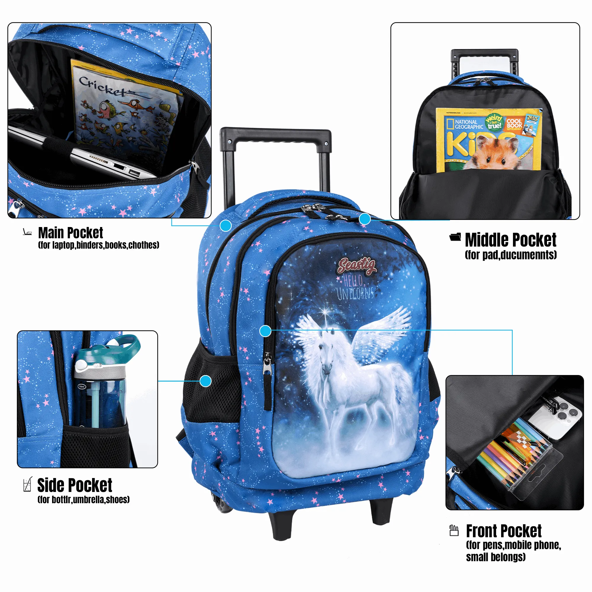 Seastig Blue Horse 18 inch Double Handle Rolling Backpack for Kids with Lunch Bag and Pencil Case Set