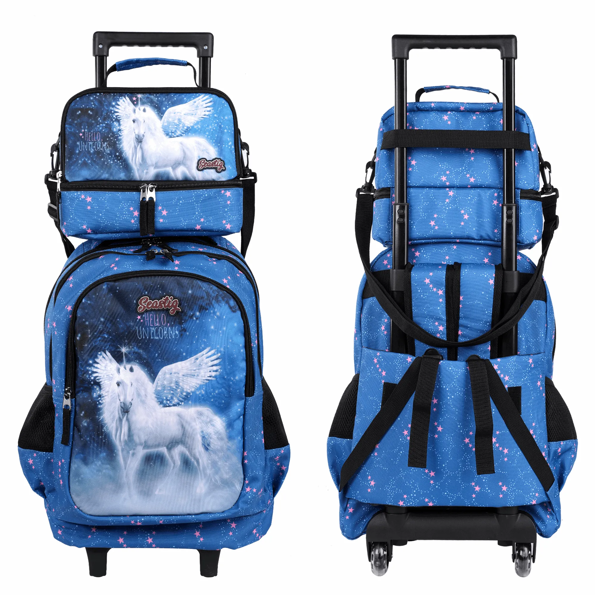 Seastig Blue Horse 18 inch Double Handle Rolling Backpack for Kids with Lunch Bag and Pencil Case Set
