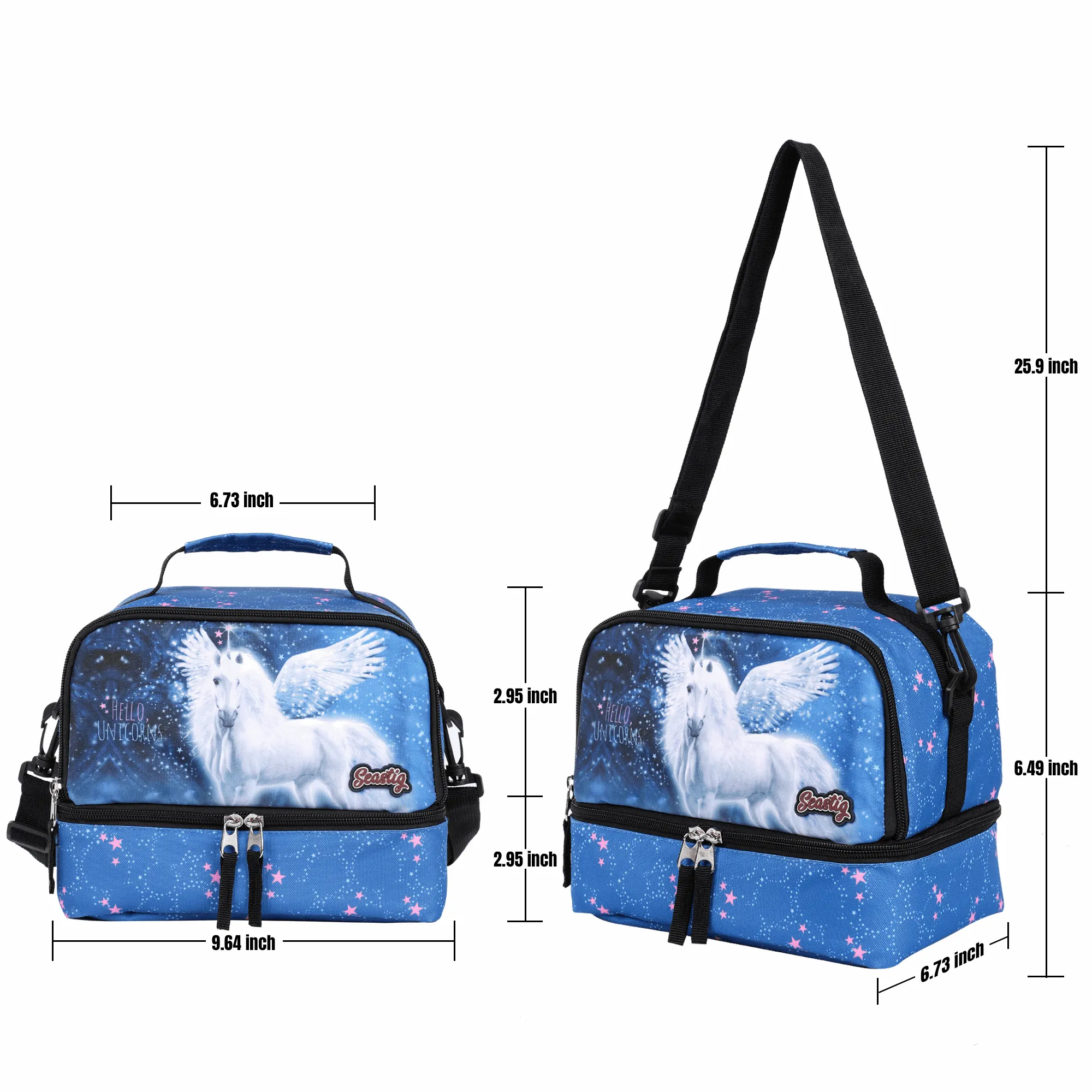 Seastig Blue Horse 18 inch Double Handle Rolling Backpack for Kids with Lunch Bag and Pencil Case Set