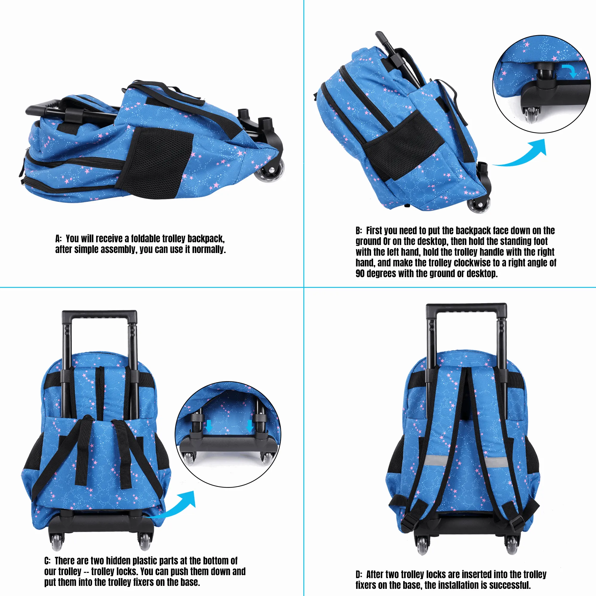 Seastig Blue Horse 18 inch Double Handle Rolling Backpack for Kids with Lunch Bag and Pencil Case Set
