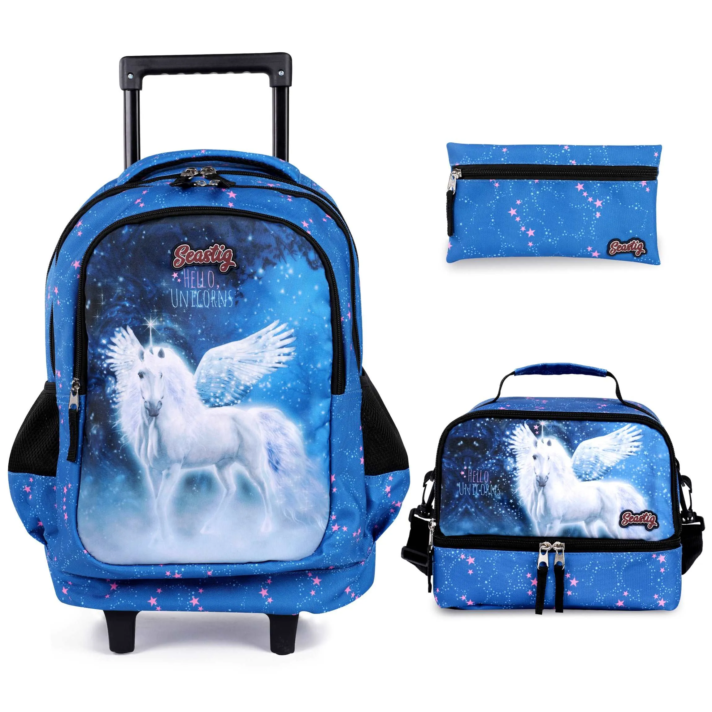 Seastig Blue Horse 18 inch Double Handle Rolling Backpack for Kids with Lunch Bag and Pencil Case Set
