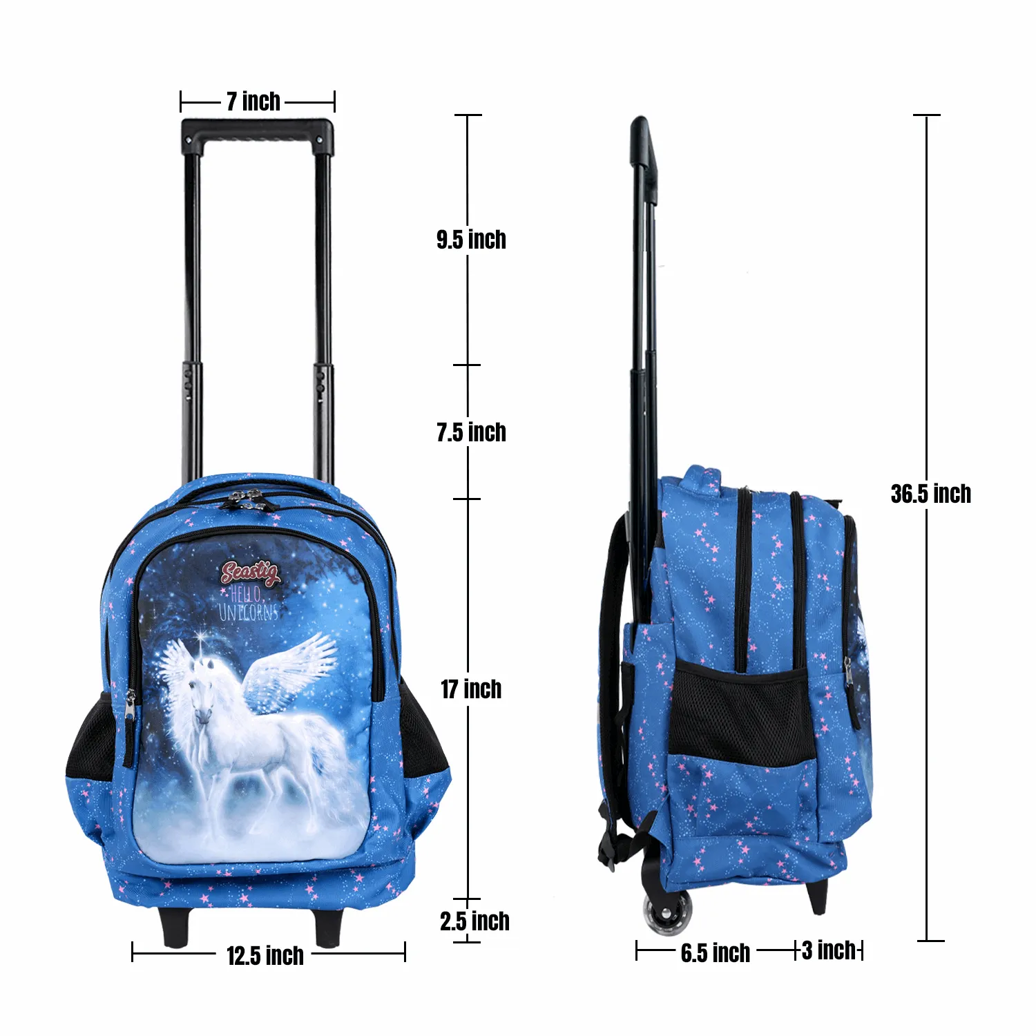 Seastig Blue Horse 18 inch Double Handle Rolling Backpack for Kids with Lunch Bag and Pencil Case Set