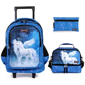 Seastig Blue Horse 18 inch Double Handle Rolling Backpack for Kids with Lunch Bag and Pencil Case Set