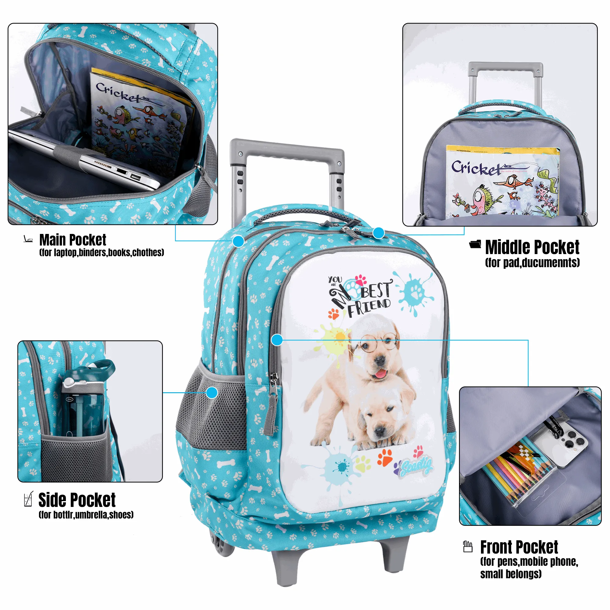 Seastig Blue Two Dogs 18 inch Double Handle Rolling Backpack for Kids with Lunch Bag and Pencil Case Set
