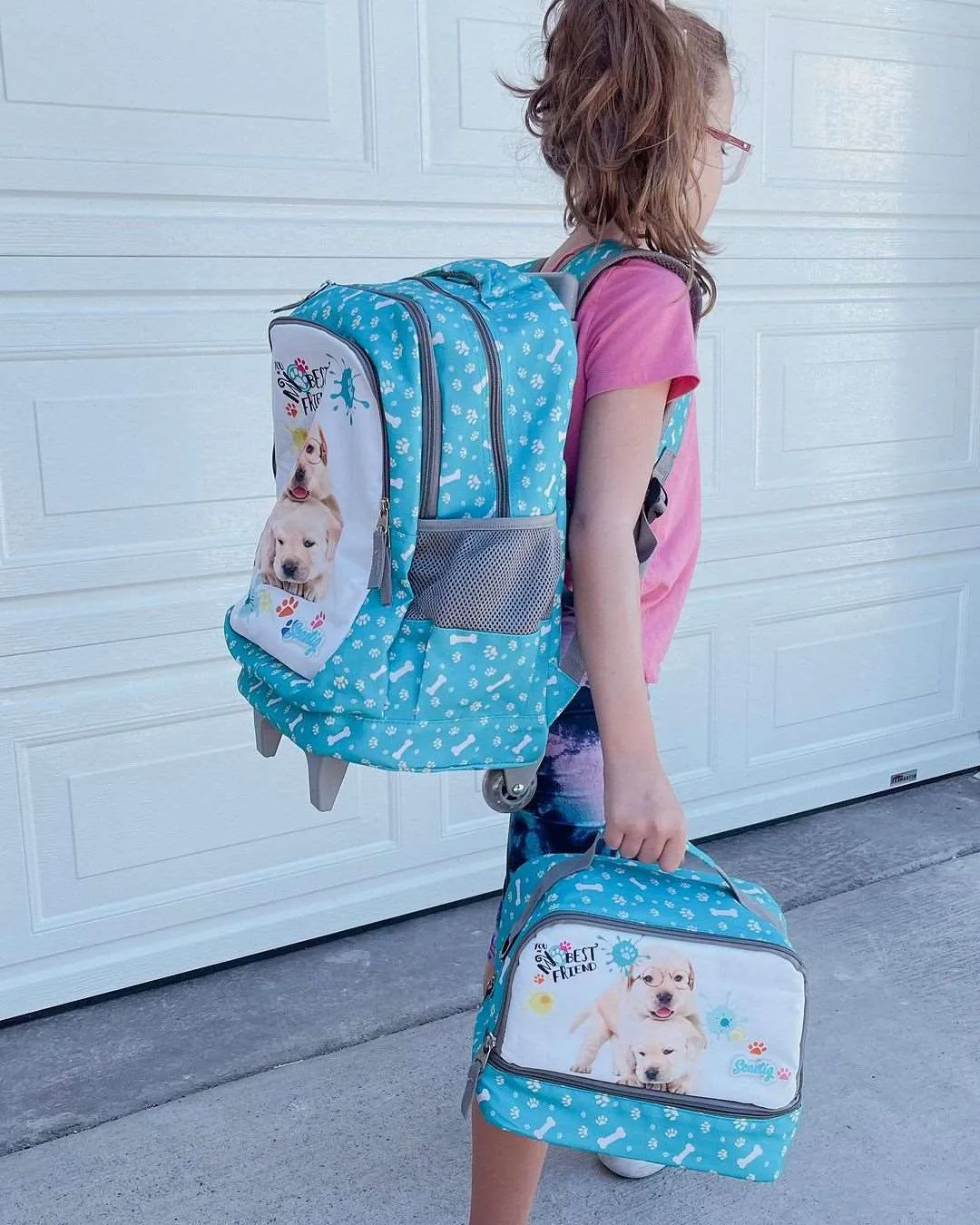 Seastig Blue Two Dogs 18 inch Double Handle Rolling Backpack for Kids with Lunch Bag and Pencil Case Set