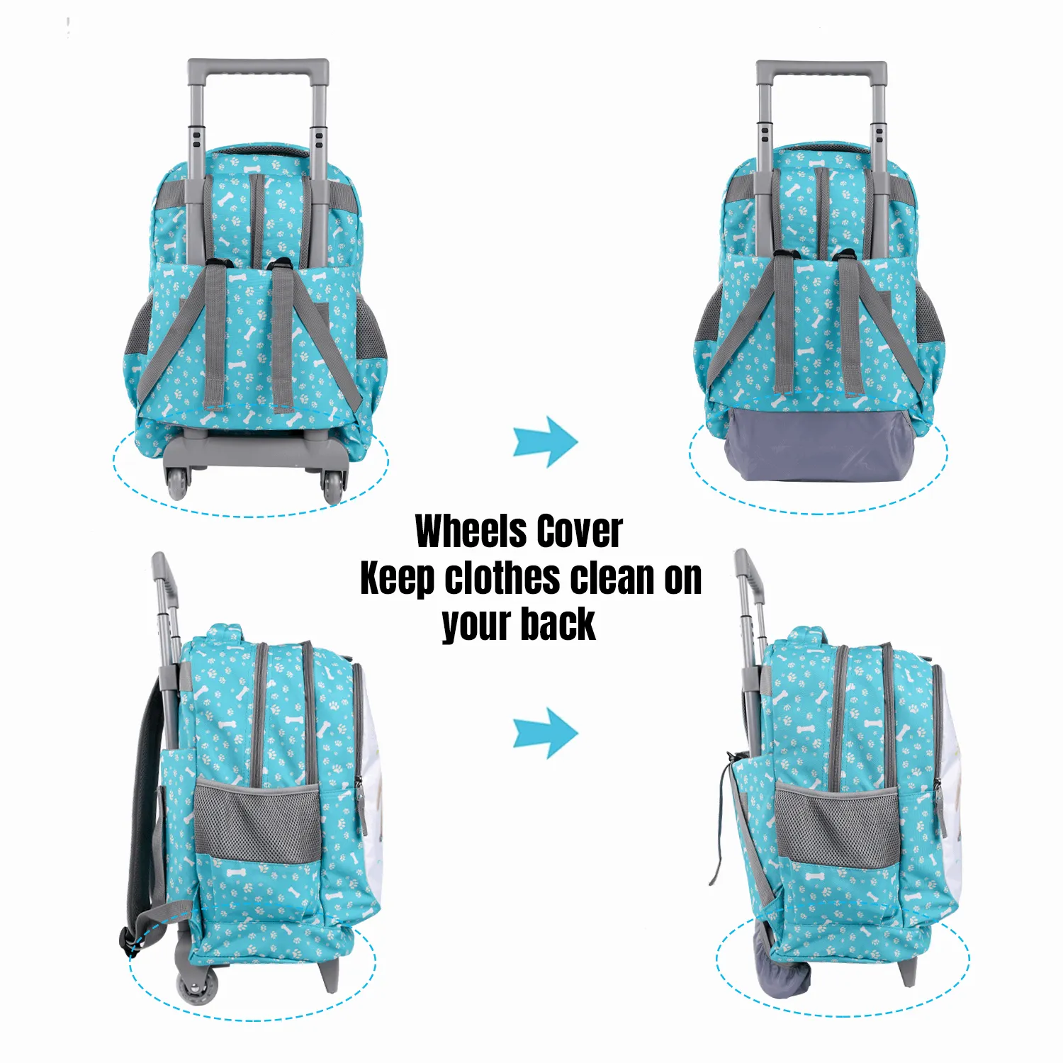 Seastig Blue Two Dogs 18 inch Double Handle Rolling Backpack for Kids with Lunch Bag and Pencil Case Set