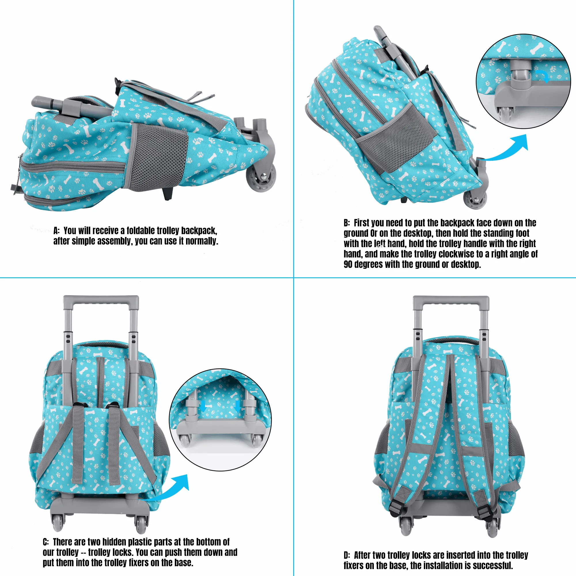 Seastig Blue Two Dogs 18 inch Double Handle Rolling Backpack for Kids with Lunch Bag and Pencil Case Set