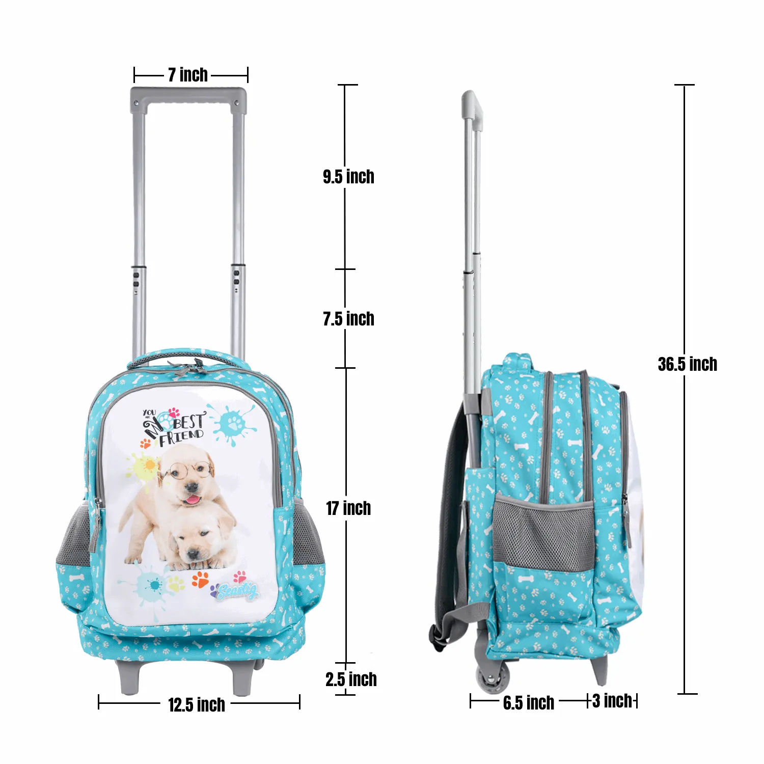 Seastig Blue Two Dogs 18 inch Double Handle Rolling Backpack for Kids with Lunch Bag and Pencil Case Set