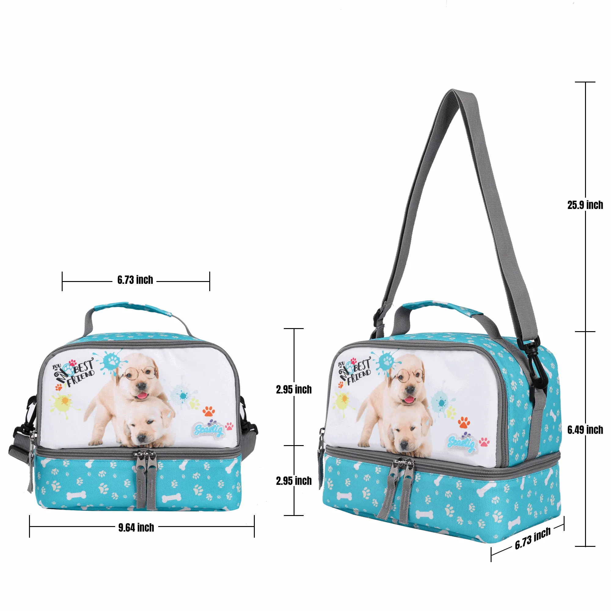 Seastig Blue Two Dogs 18 inch Double Handle Rolling Backpack for Kids with Lunch Bag and Pencil Case Set