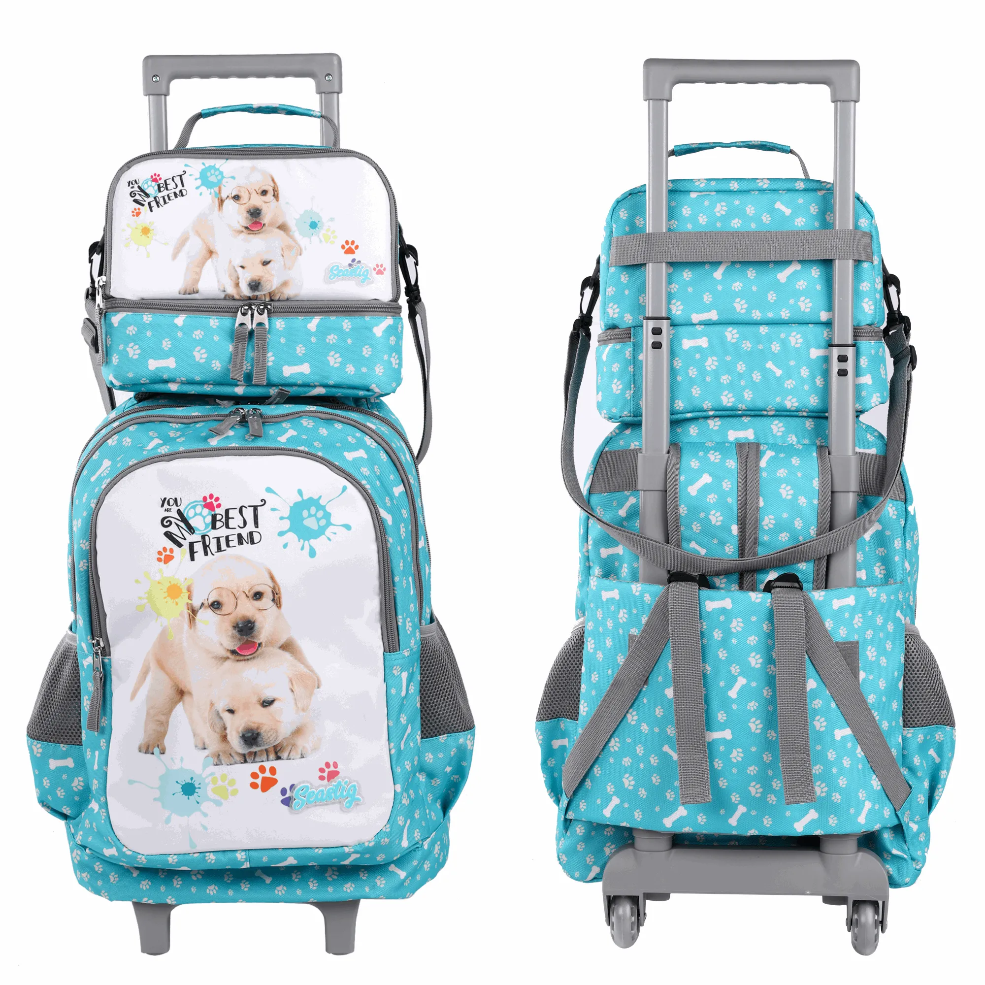 Seastig Blue Two Dogs 18 inch Double Handle Rolling Backpack for Kids with Lunch Bag and Pencil Case Set