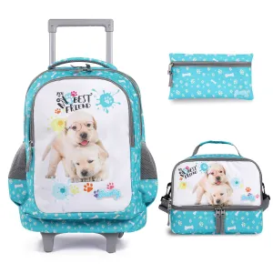 Seastig Blue Two Dogs 18 inch Double Handle Rolling Backpack for Kids with Lunch Bag and Pencil Case Set