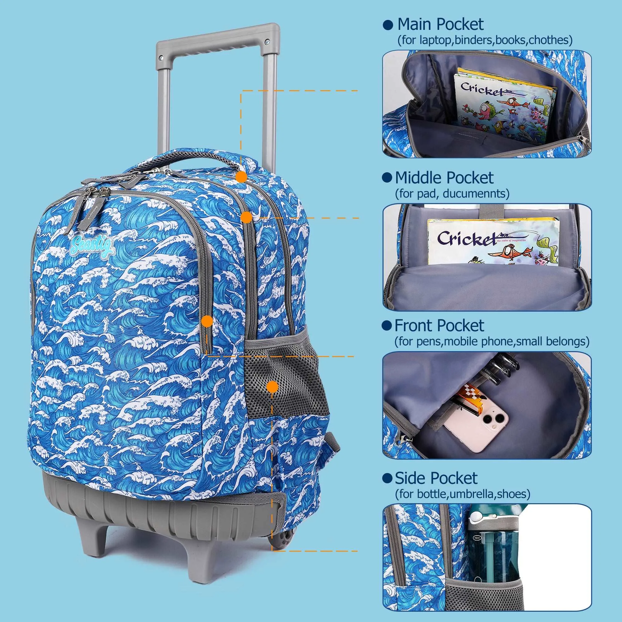 seastig Blue Waves  18 inch Rolling Backpack