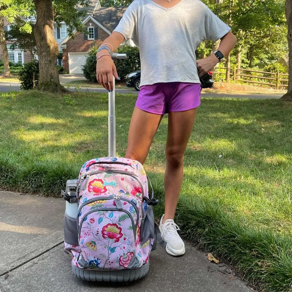 Seastig Flower Pink 18 inch Single Handle Rolling Backpack for Kids with Lunch Bag and Pencil Case Set