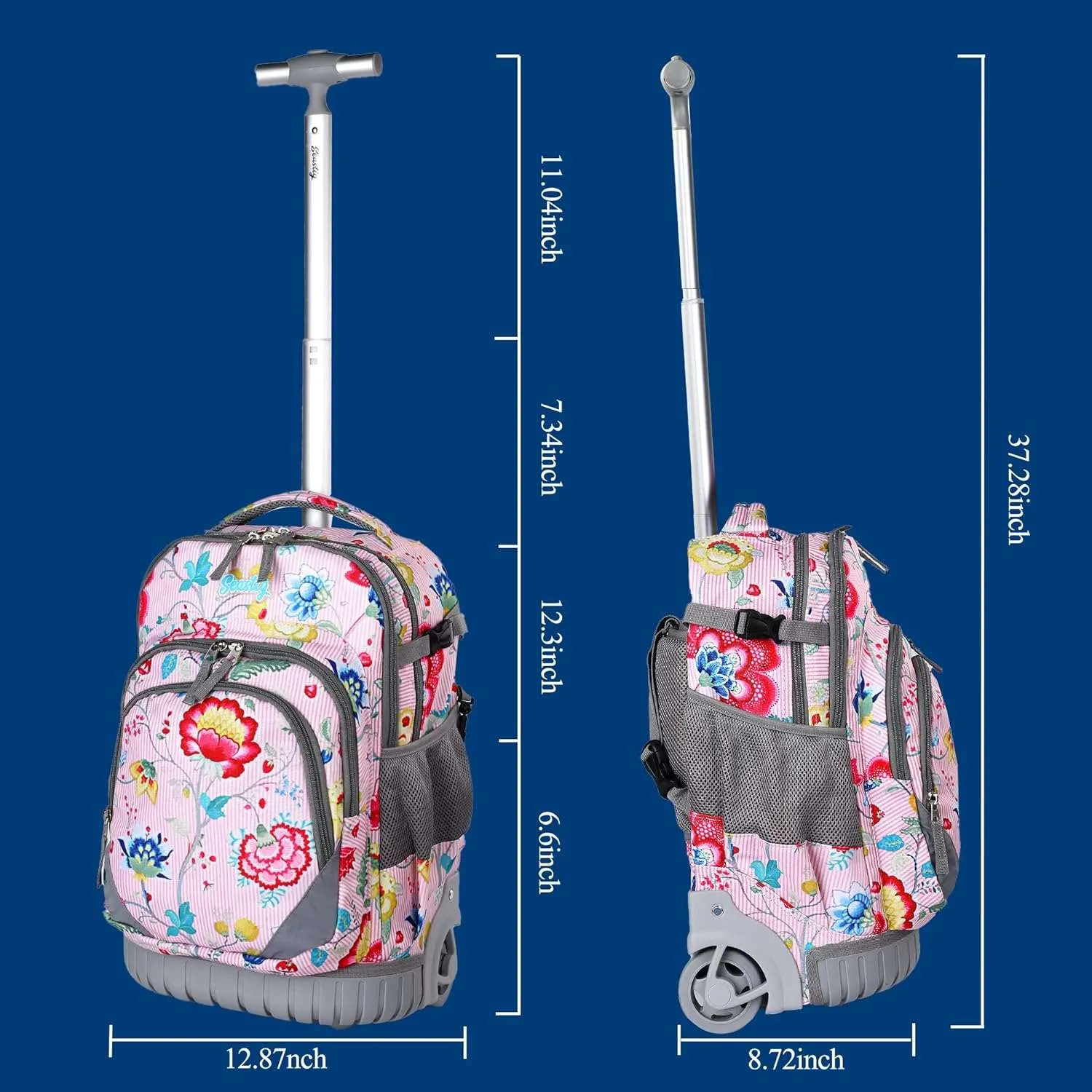 Seastig Flower Pink 18 inch Single Handle Rolling Backpack for Kids with Lunch Bag and Pencil Case Set