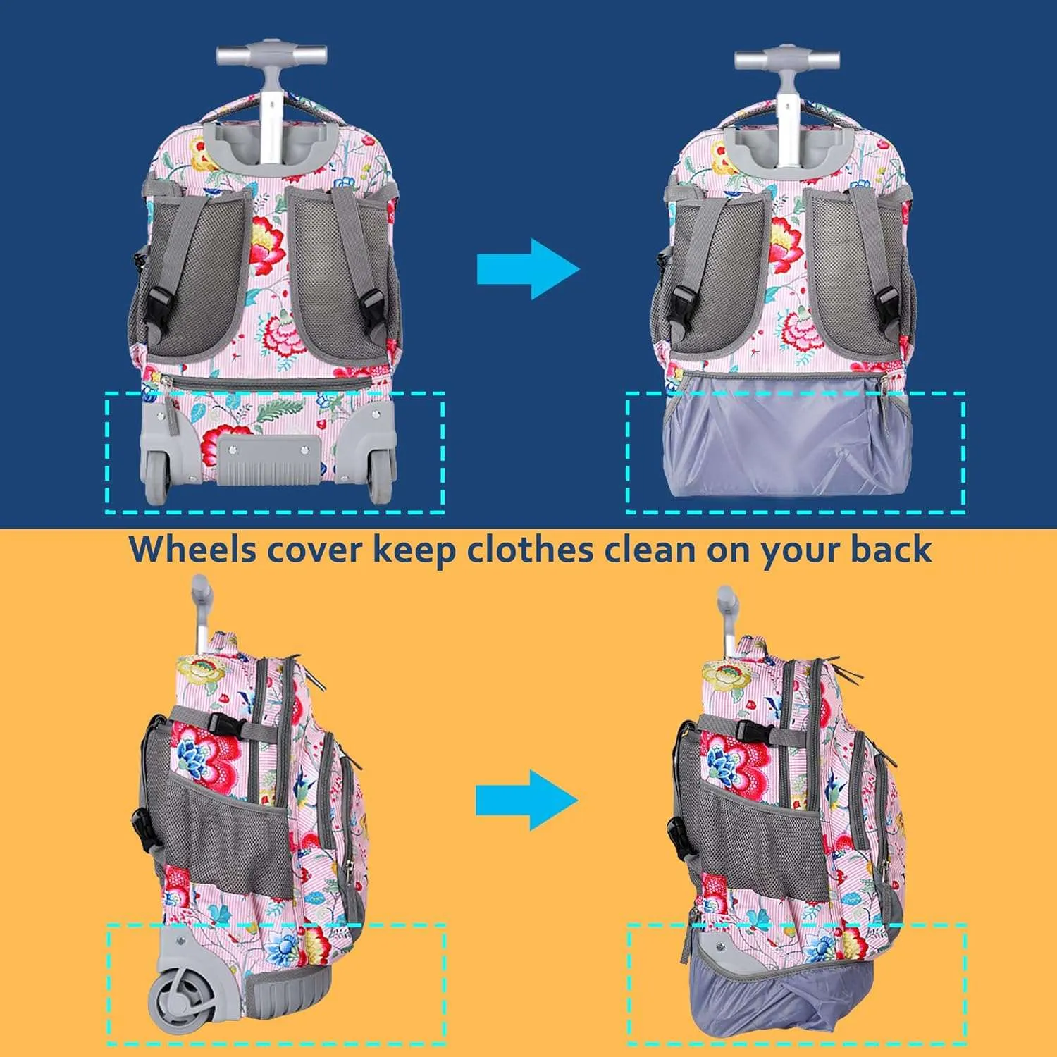 Seastig Flower Pink 18 inch Single Handle Rolling Backpack for Kids with Lunch Bag and Pencil Case Set