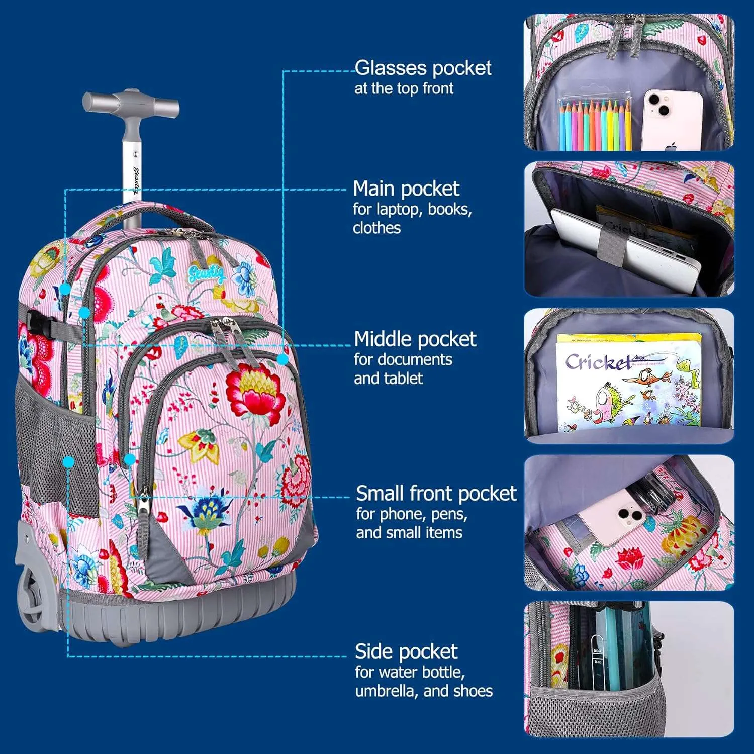 Seastig Flower Pink 18 inch Single Handle Rolling Backpack for Kids with Lunch Bag and Pencil Case Set