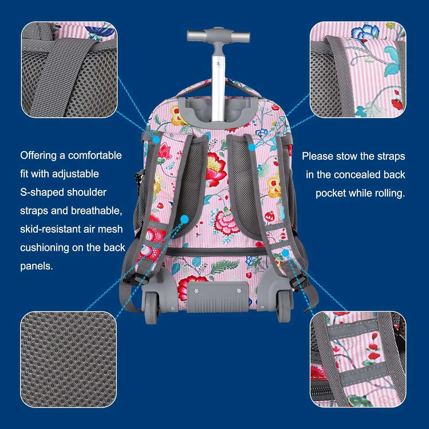 Seastig Flower Pink 18 inch Single Handle Rolling Backpack for Kids with Lunch Bag and Pencil Case Set