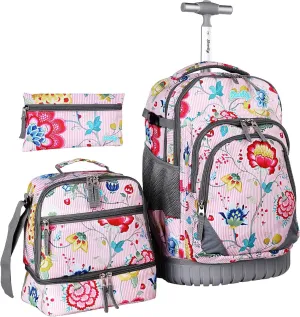 Seastig Flower Pink 18 inch Single Handle Rolling Backpack for Kids with Lunch Bag and Pencil Case Set