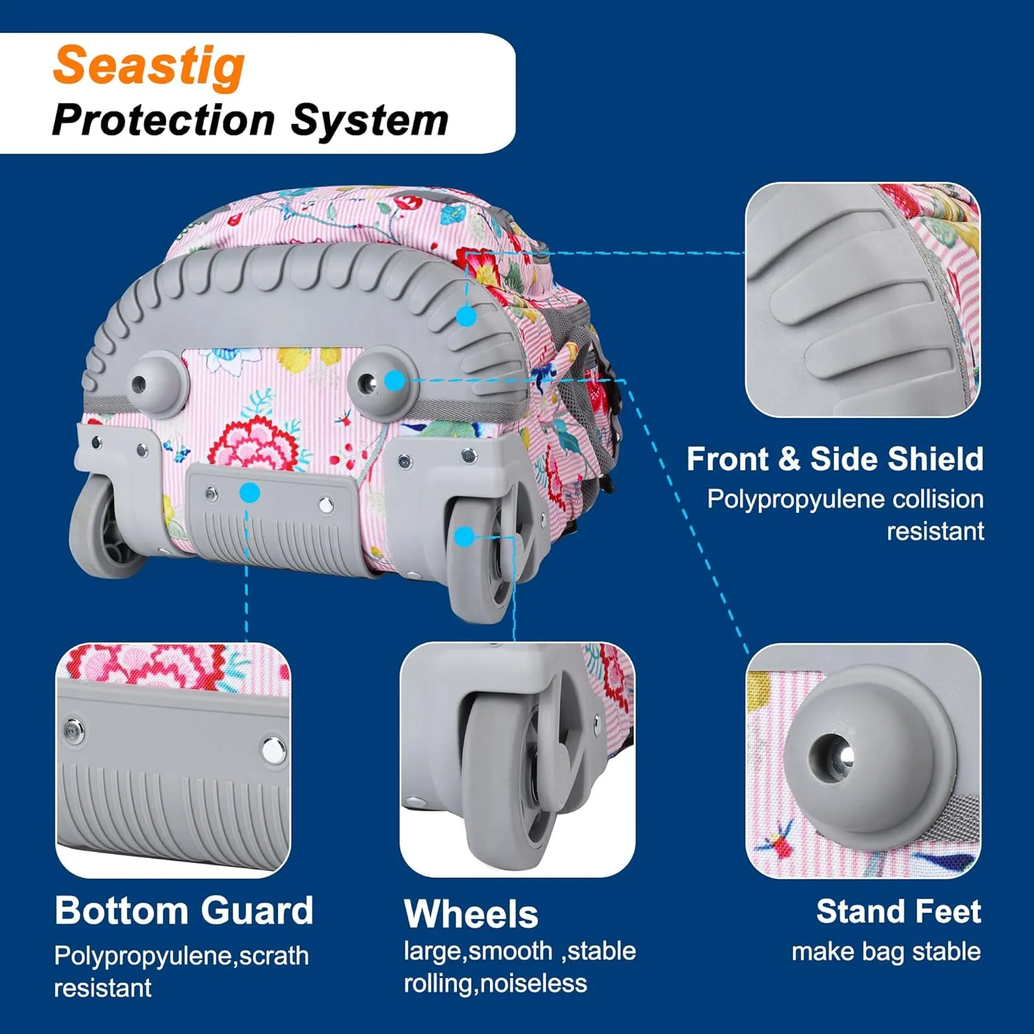 Seastig Flower Pink 18 inch Single Handle Rolling Backpack for Kids with Lunch Bag and Pencil Case Set