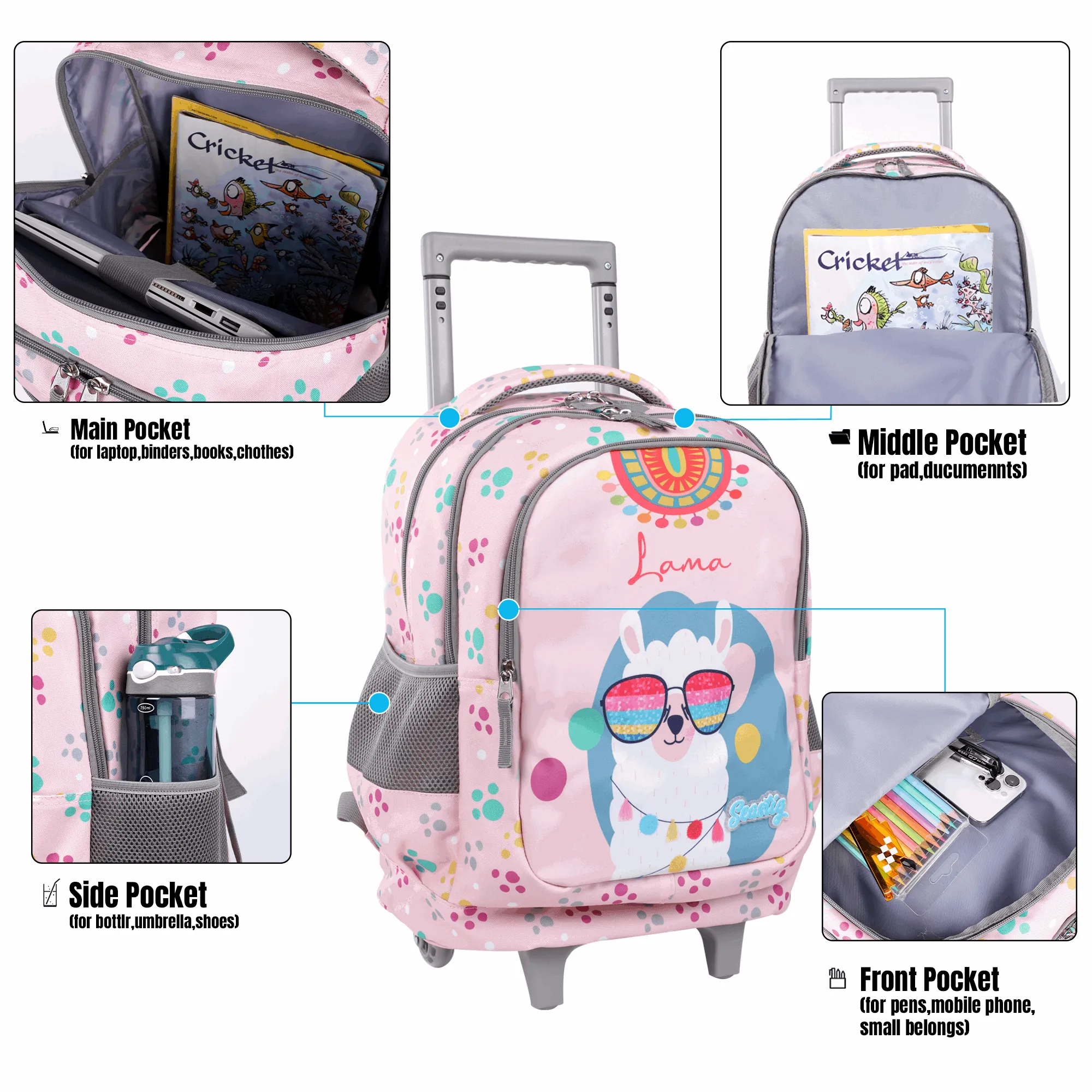 Seastig Pink Sheep 18 inch Double Handle Rolling Backpack for Kids