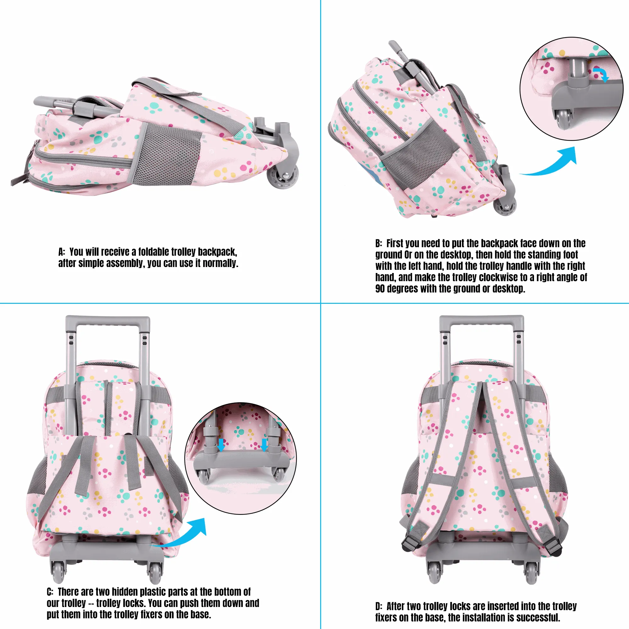 Seastig Pink Sheep 18 inch Double Handle Rolling Backpack for Kids