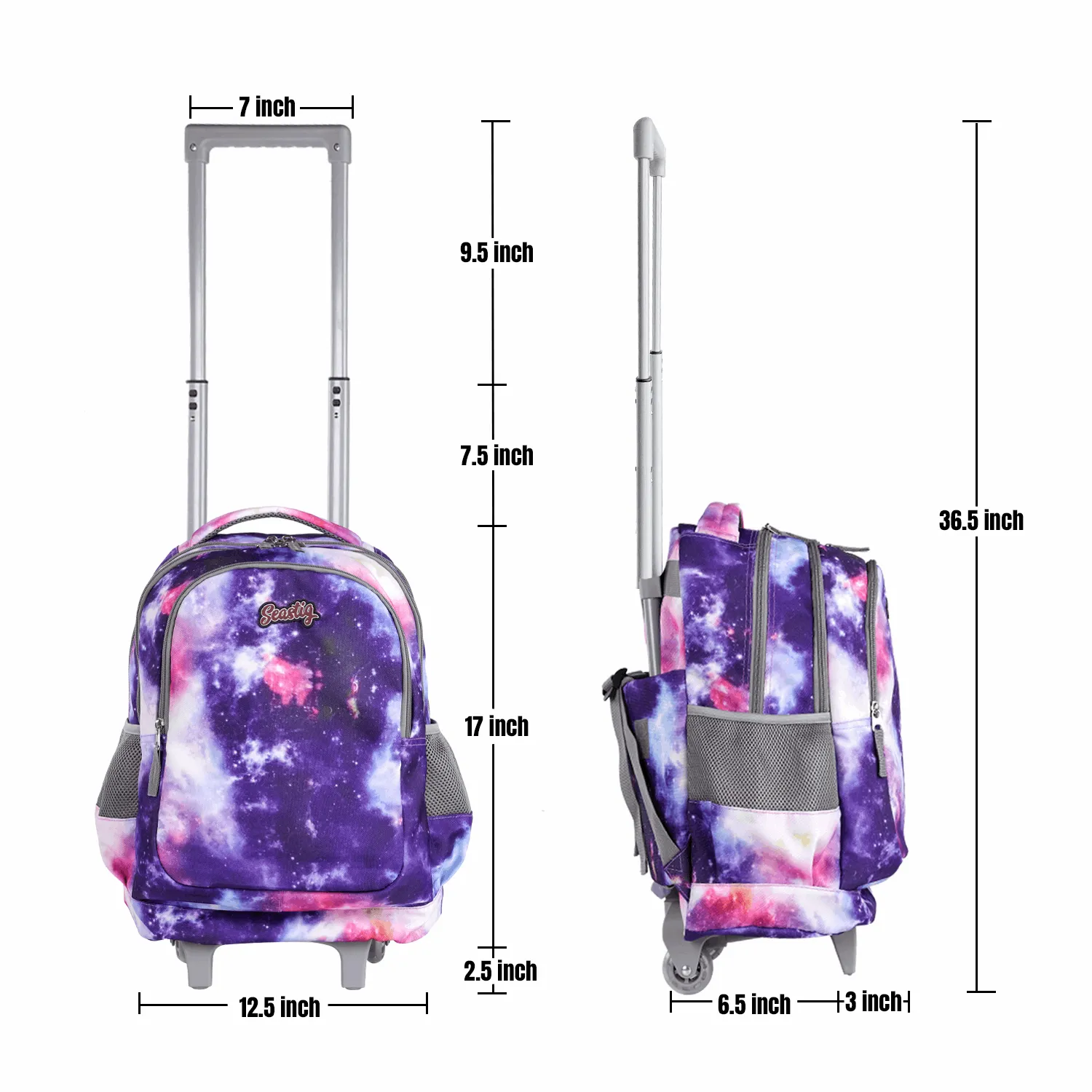 Seastig Purple Galaxy 18 inch Double Handle Rolling Backpack for Kids with Lunch Bag and Pencil Case Set