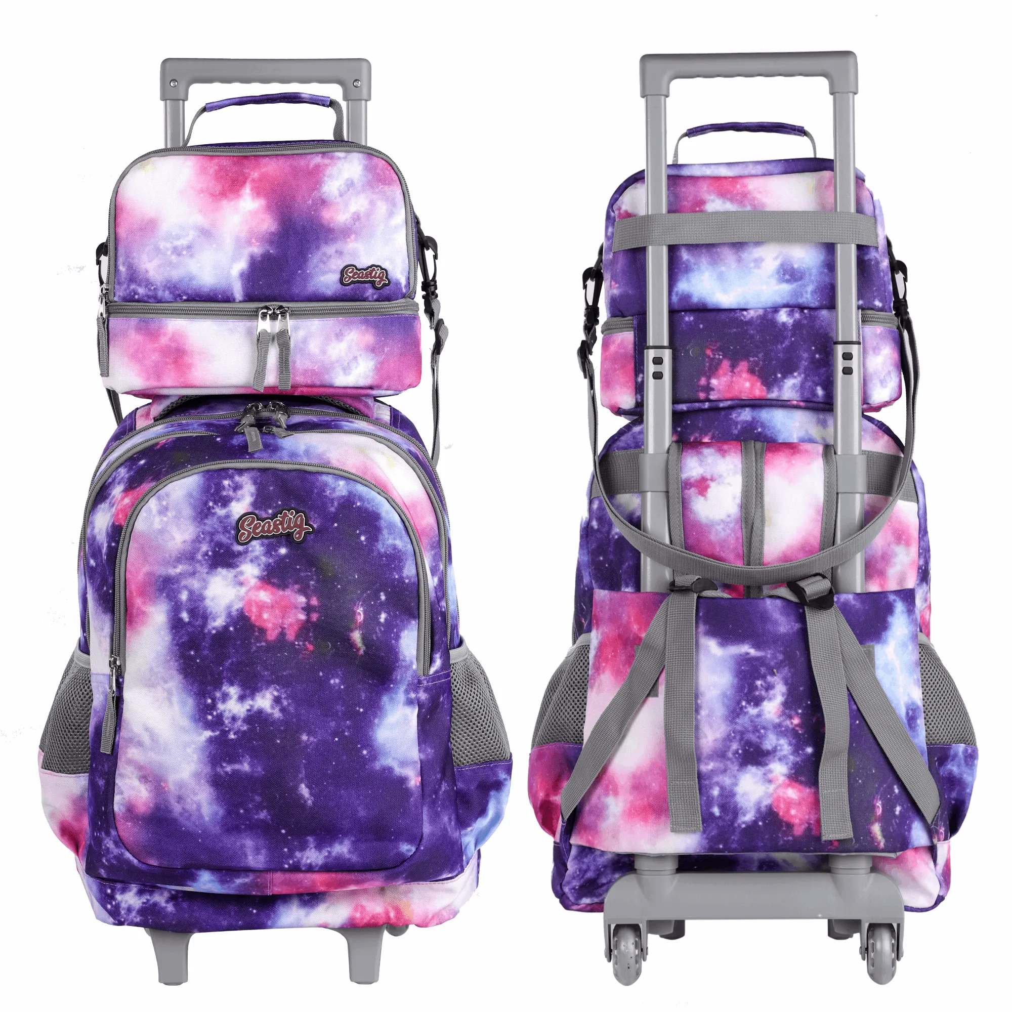 Seastig Purple Galaxy 18 inch Double Handle Rolling Backpack for Kids with Lunch Bag and Pencil Case Set