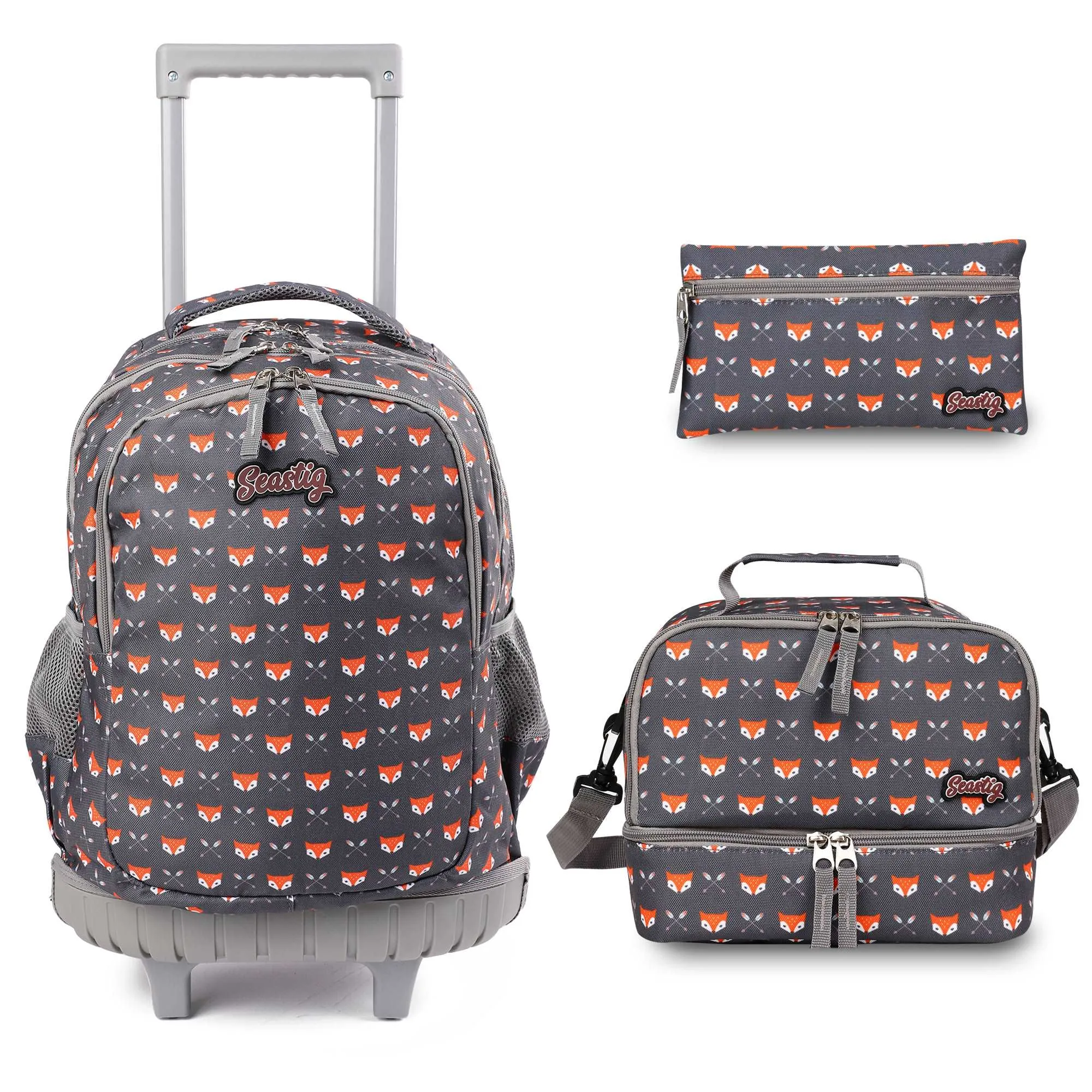 seastig Yellow Little Fox 18 inch Rolling Backpack with Lunch Box and Pencil Case Set
