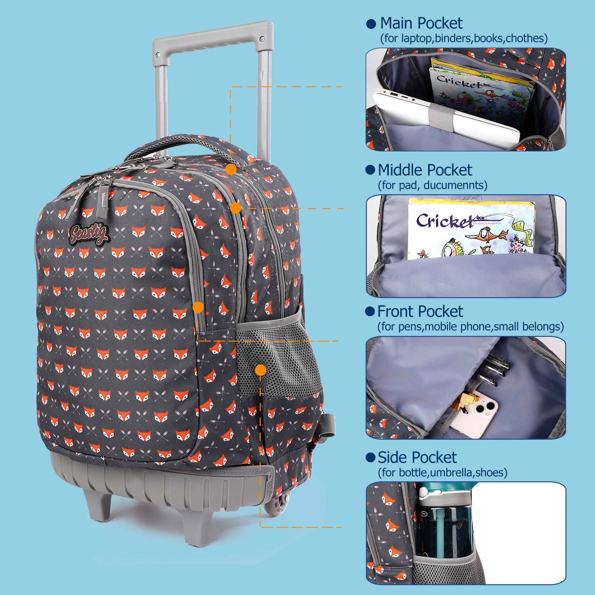 seastig Yellow Little Fox 18 inch Rolling Backpack with Lunch Box and Pencil Case Set