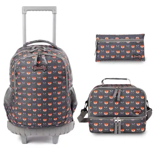 seastig Yellow Little Fox 18 inch Rolling Backpack with Lunch Box and Pencil Case Set