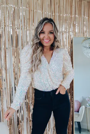 Shimmer N Shine Sequin Surplice Bodysuit - Champagne