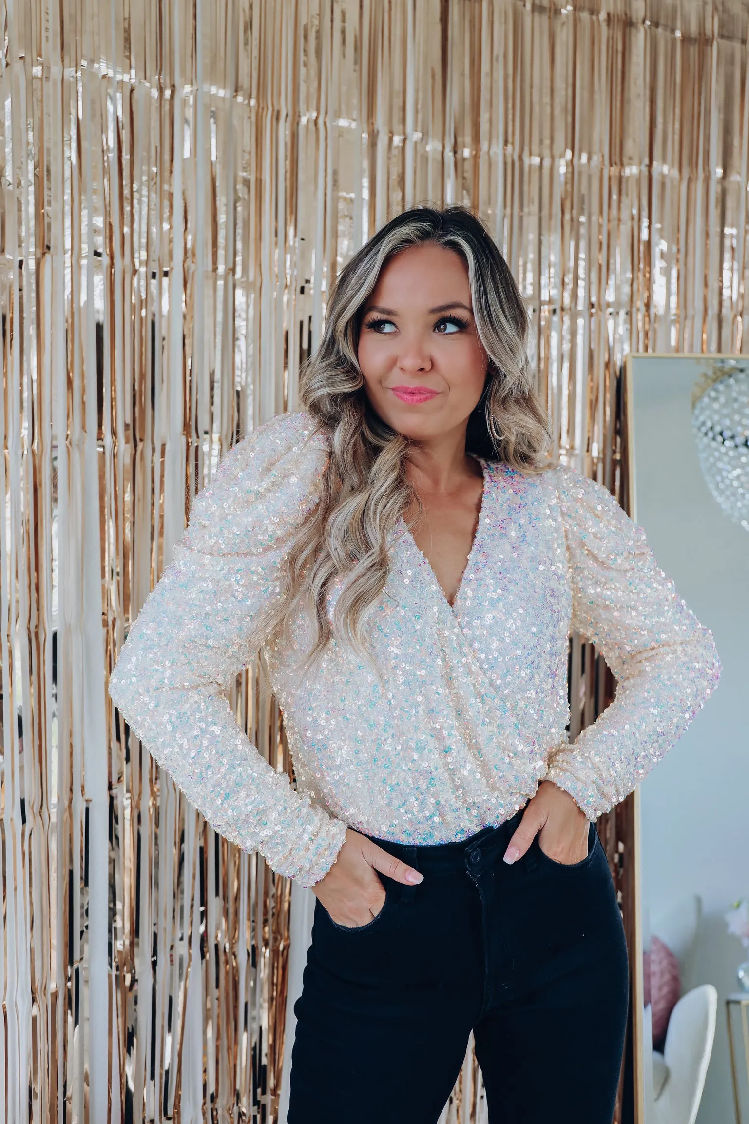 Shimmer N Shine Sequin Surplice Bodysuit - Champagne