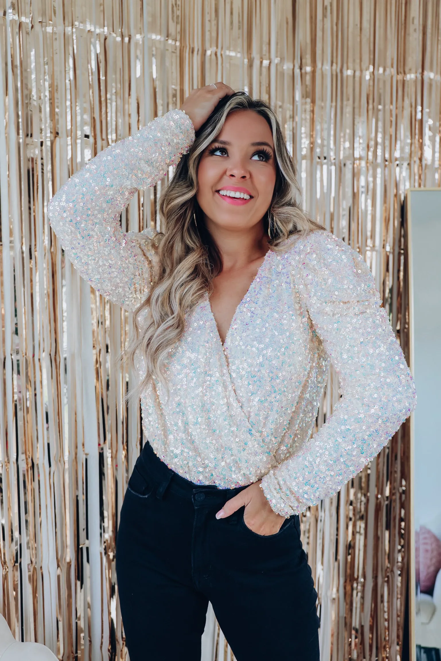 Shimmer N Shine Sequin Surplice Bodysuit - Champagne