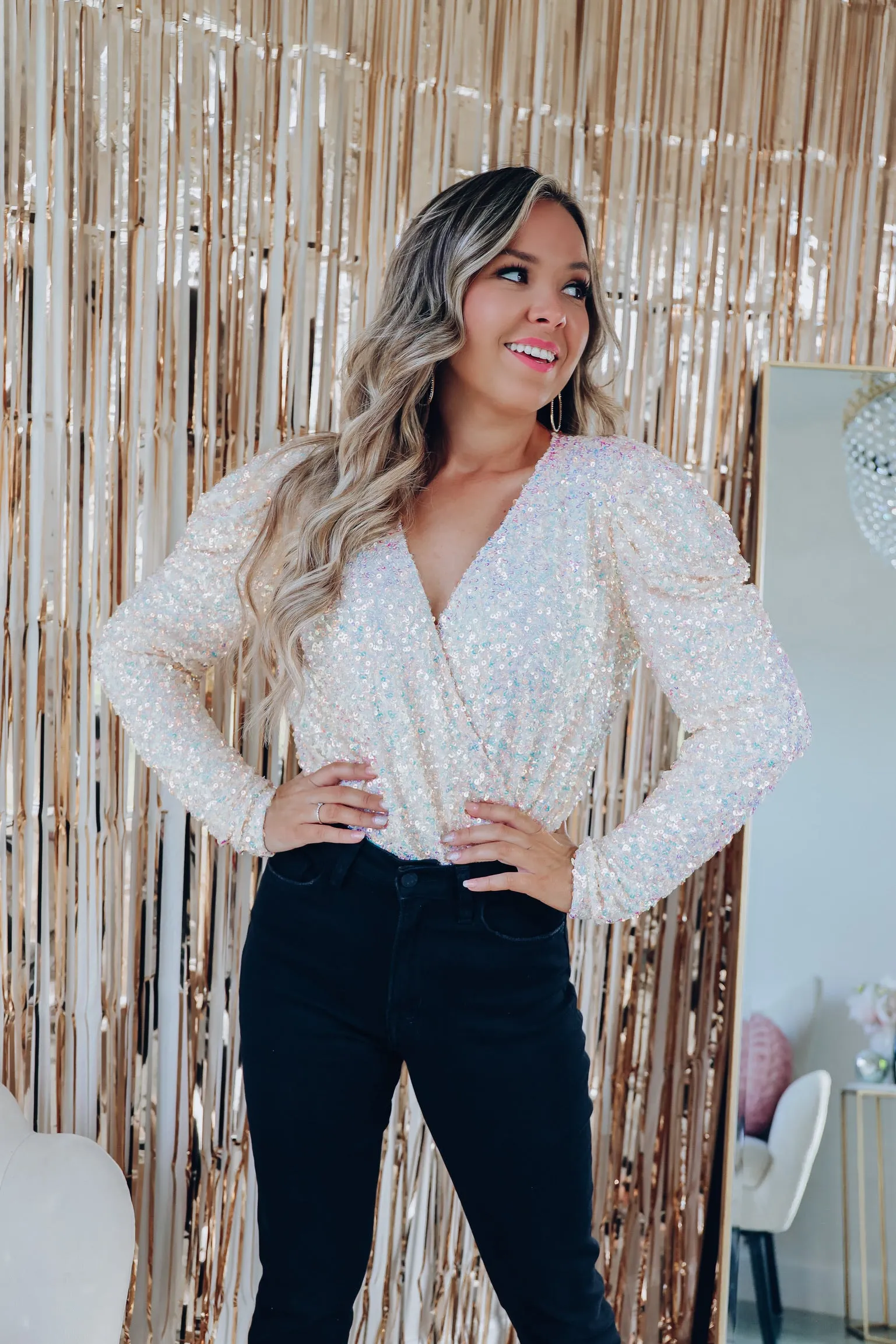 Shimmer N Shine Sequin Surplice Bodysuit - Champagne