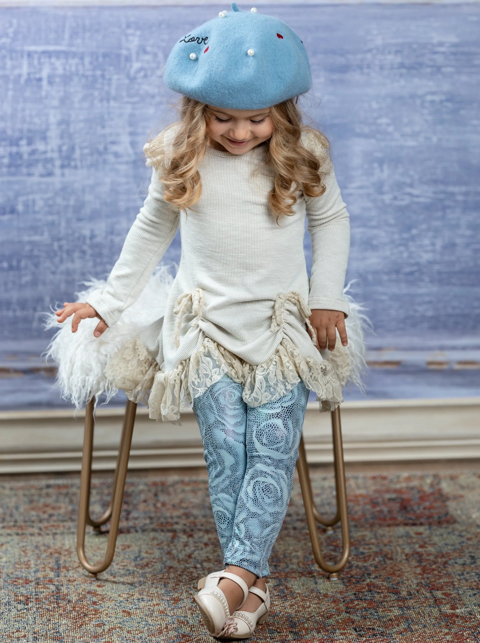 Shiny Rose Drawstring Ruffle Tunic And Legging Set