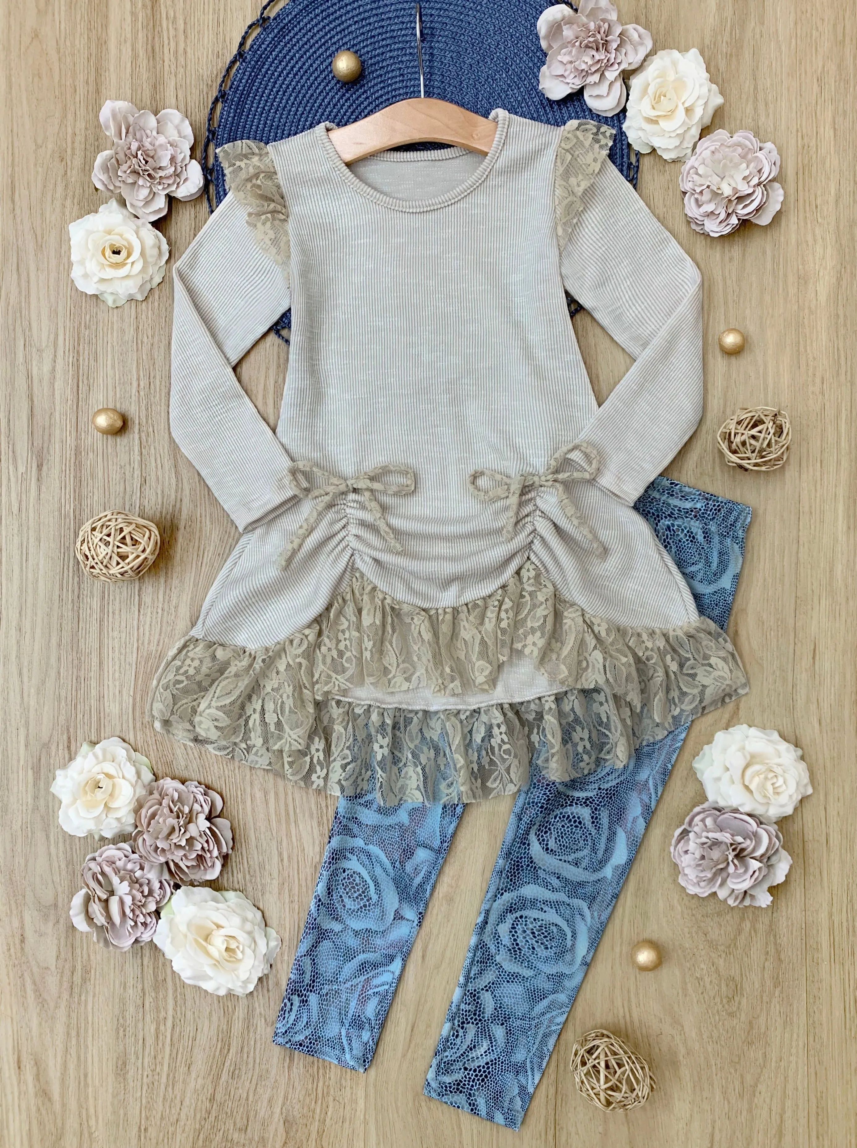 Shiny Rose Drawstring Ruffle Tunic And Legging Set