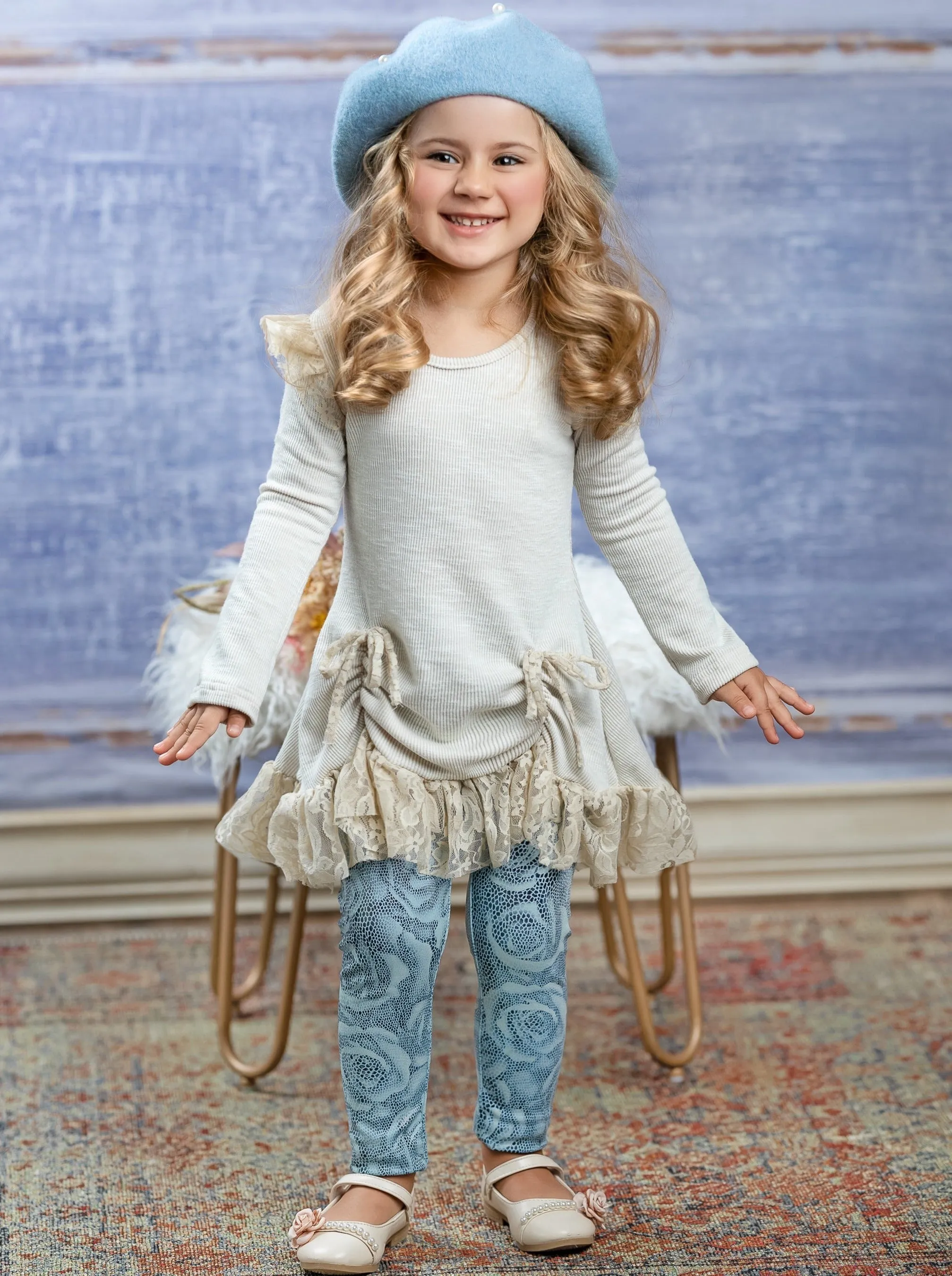 Shiny Rose Drawstring Ruffle Tunic And Legging Set