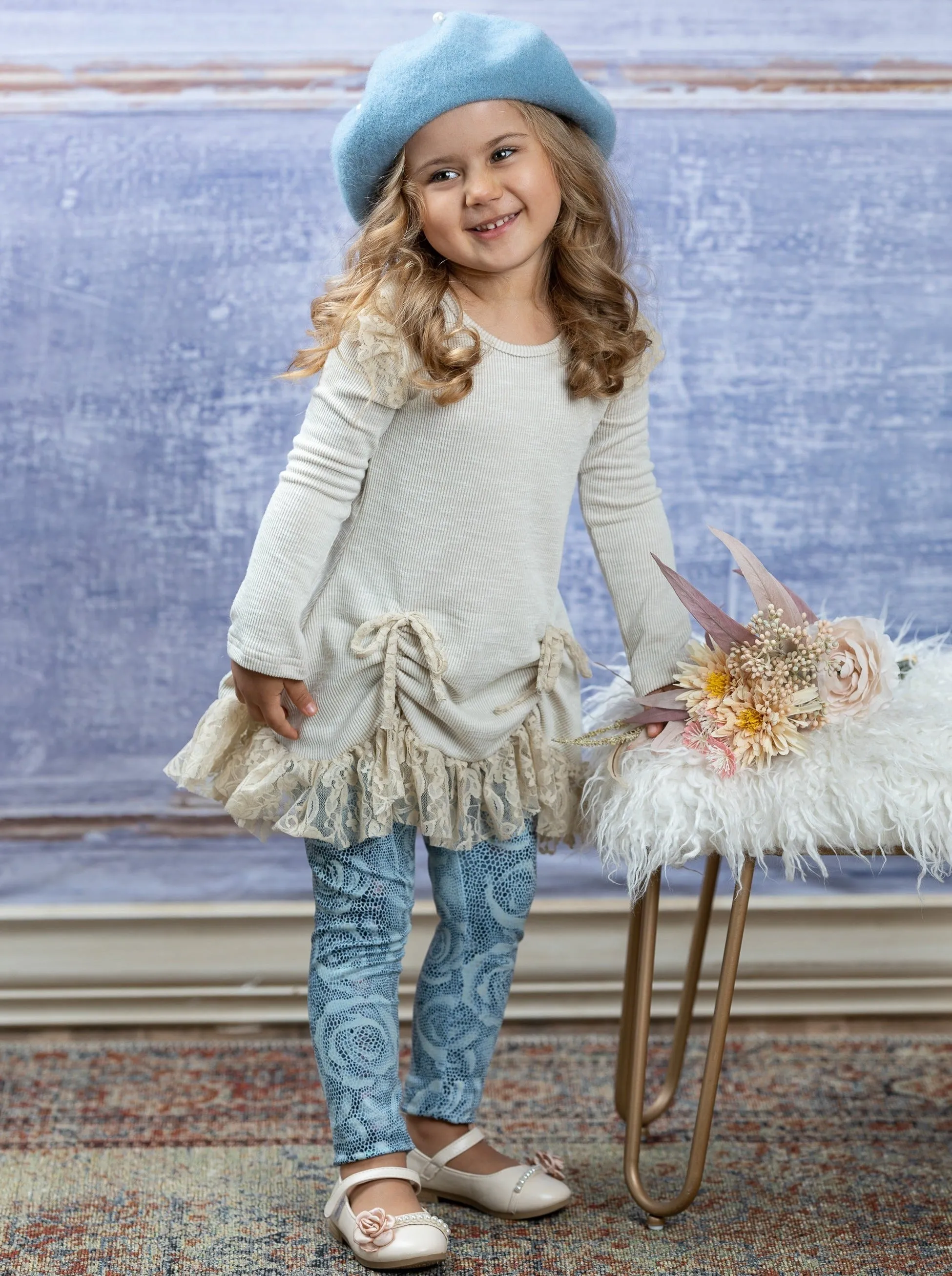 Shiny Rose Drawstring Ruffle Tunic And Legging Set