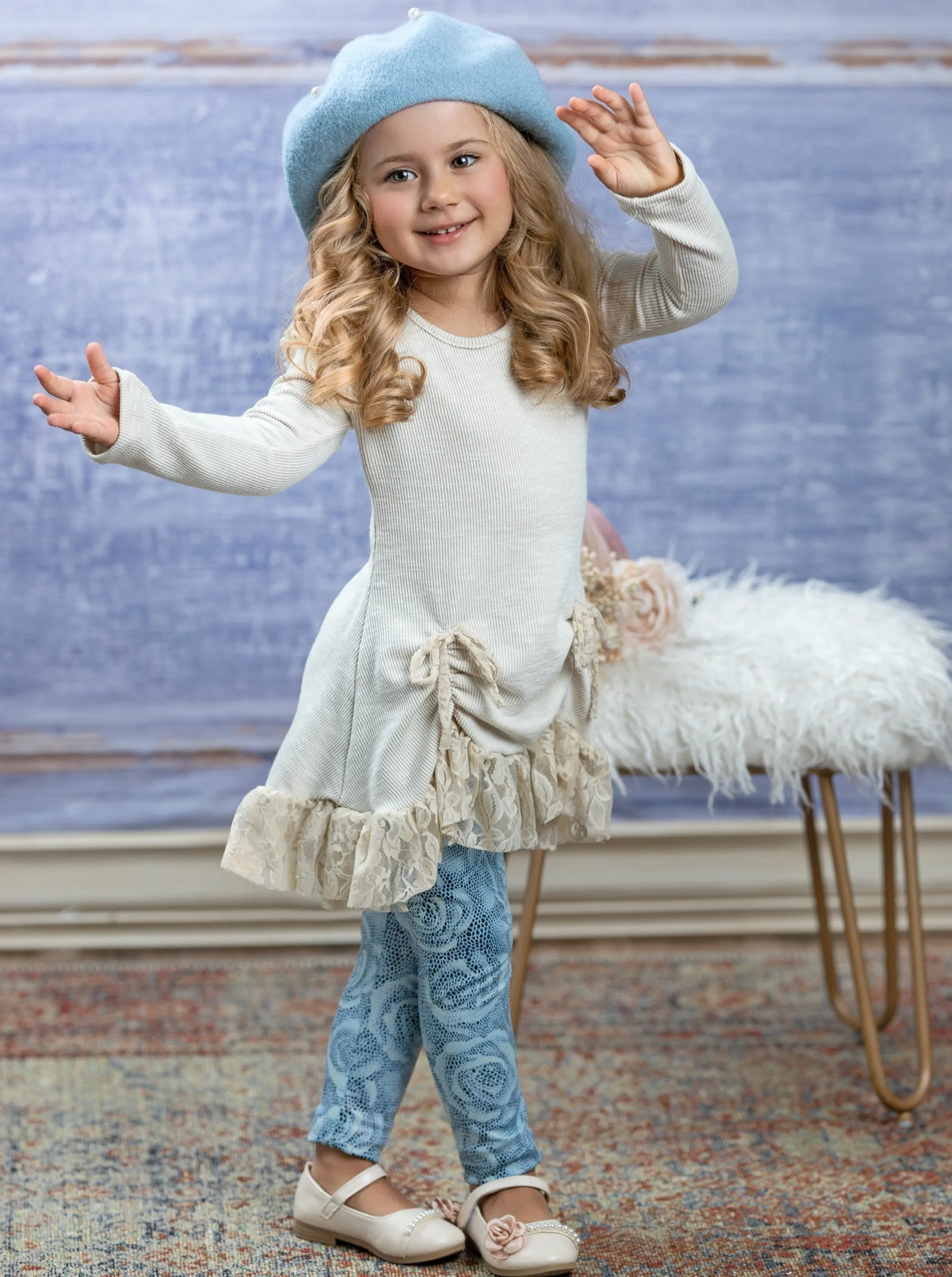 Shiny Rose Drawstring Ruffle Tunic And Legging Set