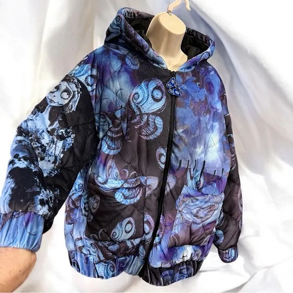 Size Small……...Corpse Bride Puffy Blue‎ &amp; Black Quilted Jacket.  New