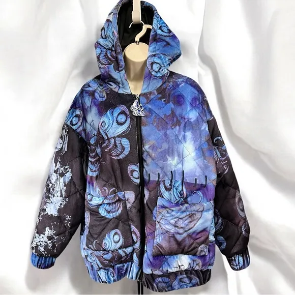 Size Small……...Corpse Bride Puffy Blue‎ &amp; Black Quilted Jacket.  New