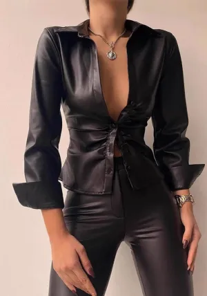 Sleek Faux Leather Button-Up Shirt with Turndown Collar