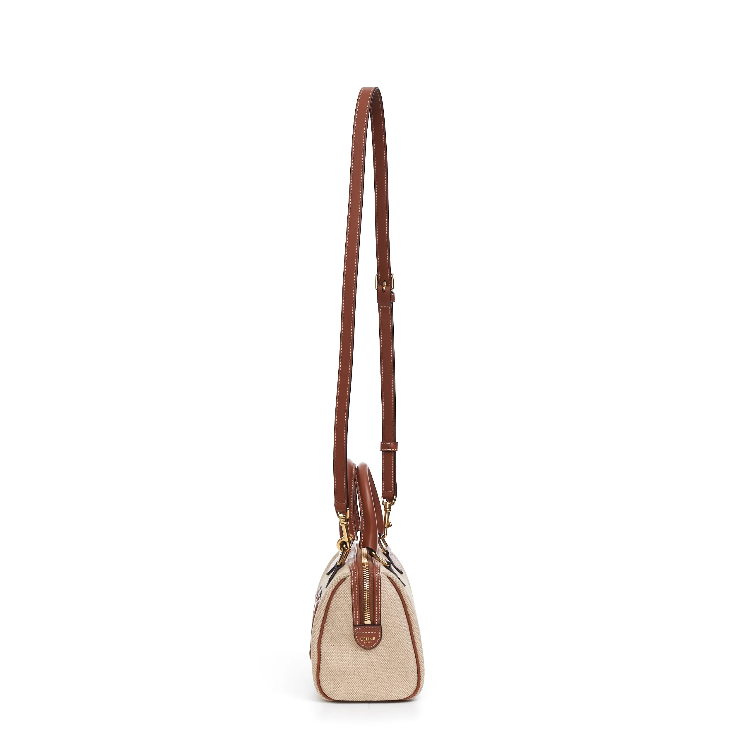 Small Boston Cuir Triomphe In Natural Textile And Tan Brown Calfskin