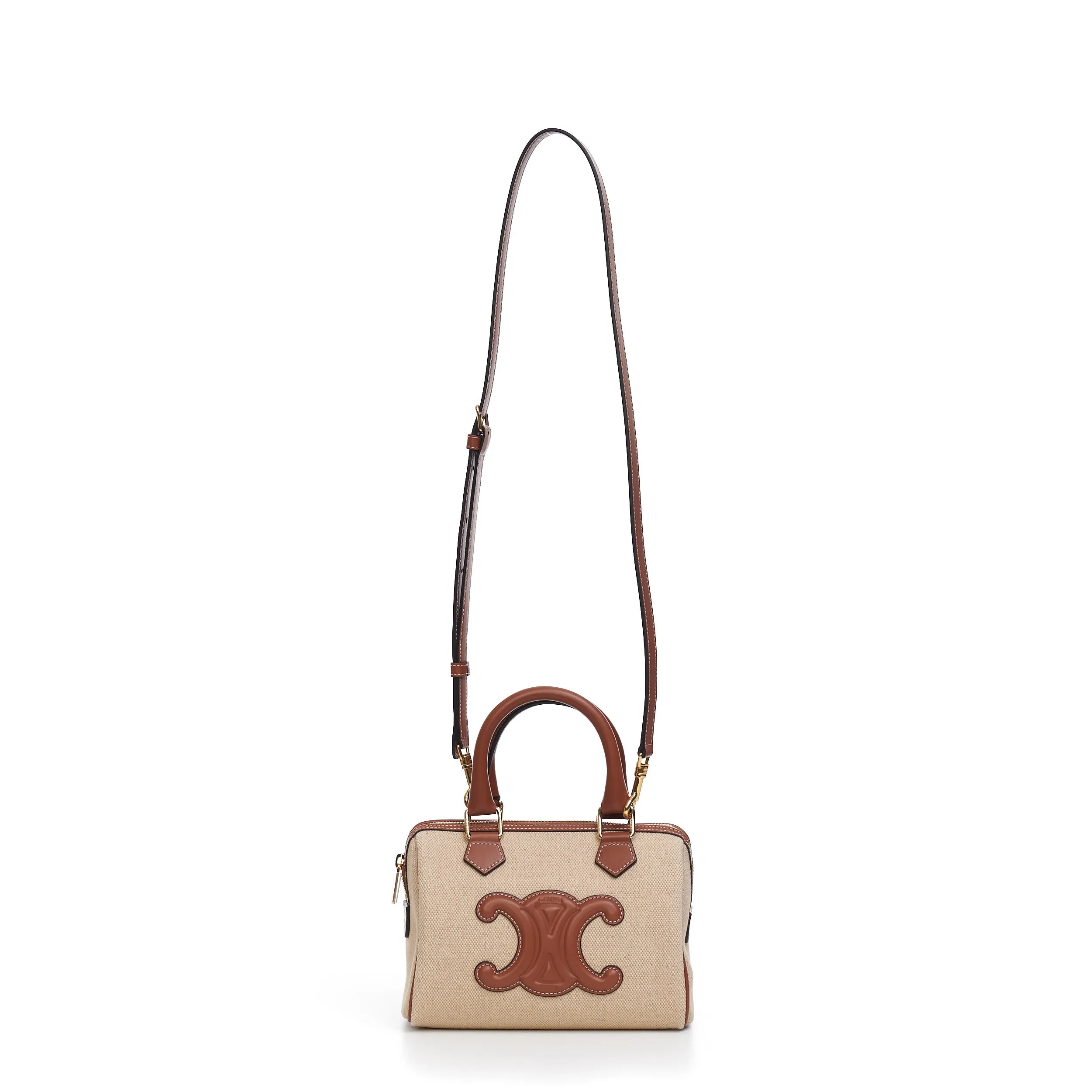 Small Boston Cuir Triomphe In Natural Textile And Tan Brown Calfskin