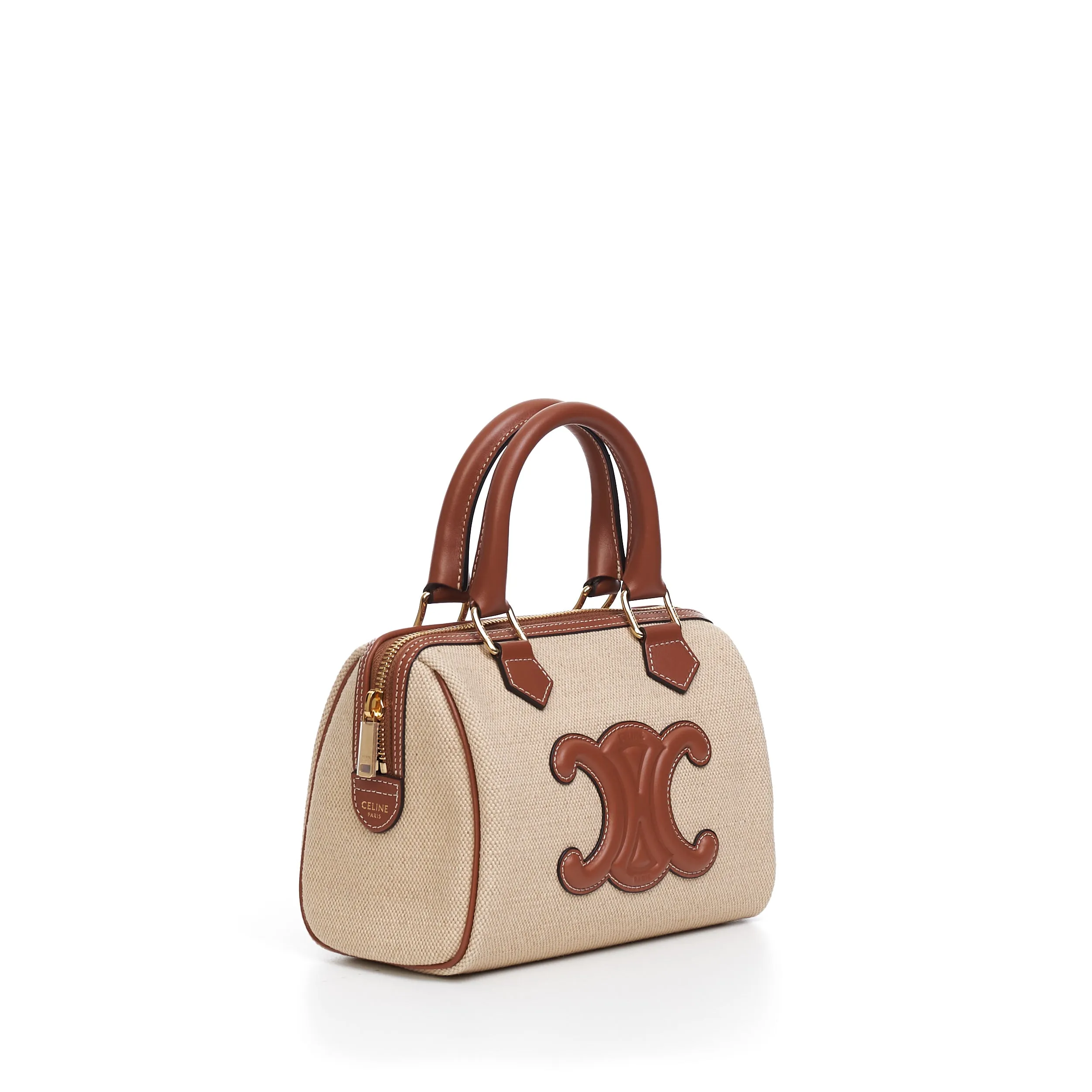 Small Boston Cuir Triomphe In Natural Textile And Tan Brown Calfskin