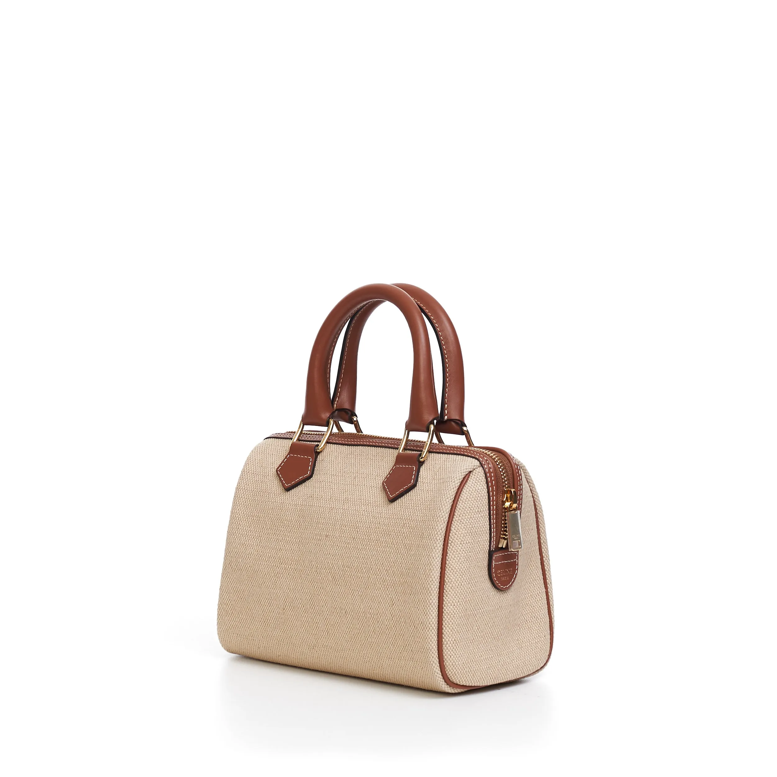 Small Boston Cuir Triomphe In Natural Textile And Tan Brown Calfskin